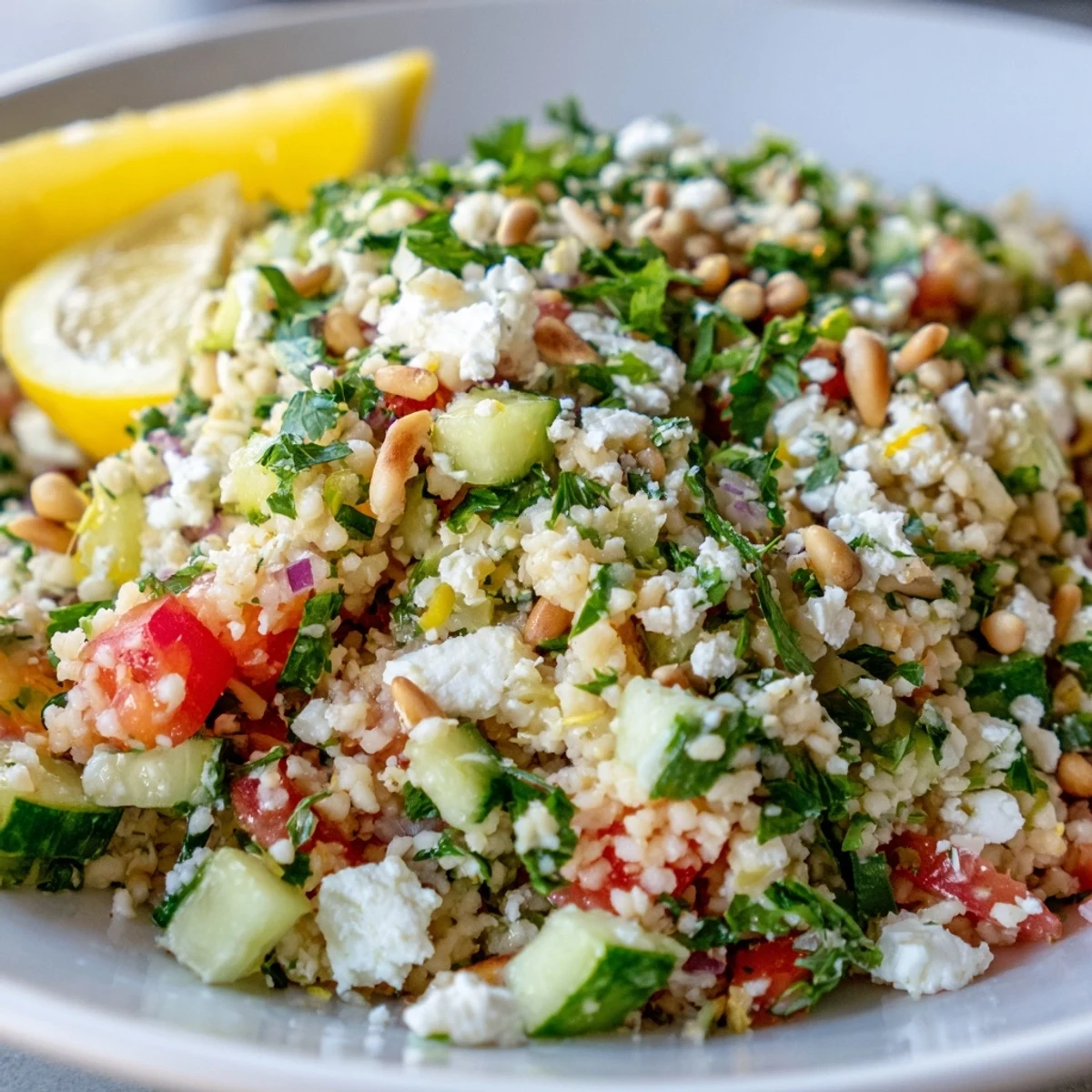 A beautiful, colorful tabbouleh grain bowl with fresh herbs and a bright lemon dressing.
