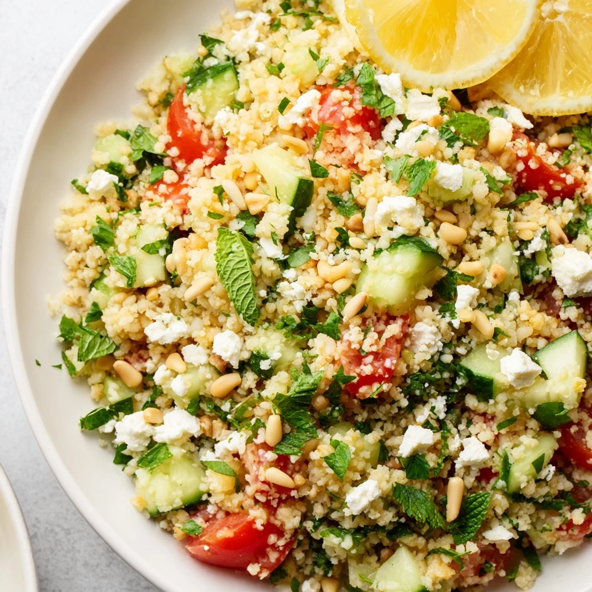 This vibrant tabbouleh grain bowl features bulgur wheat, tomatoes, and is drizzled with olive oil.