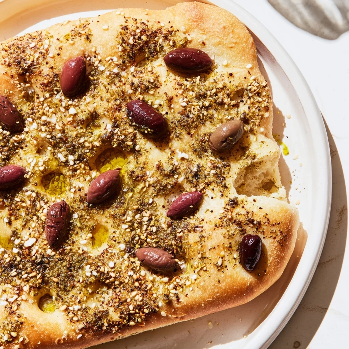 Golden-brown Zaatar Olive Focaccia, with bubbly top, ready for slicing and enjoying warm.