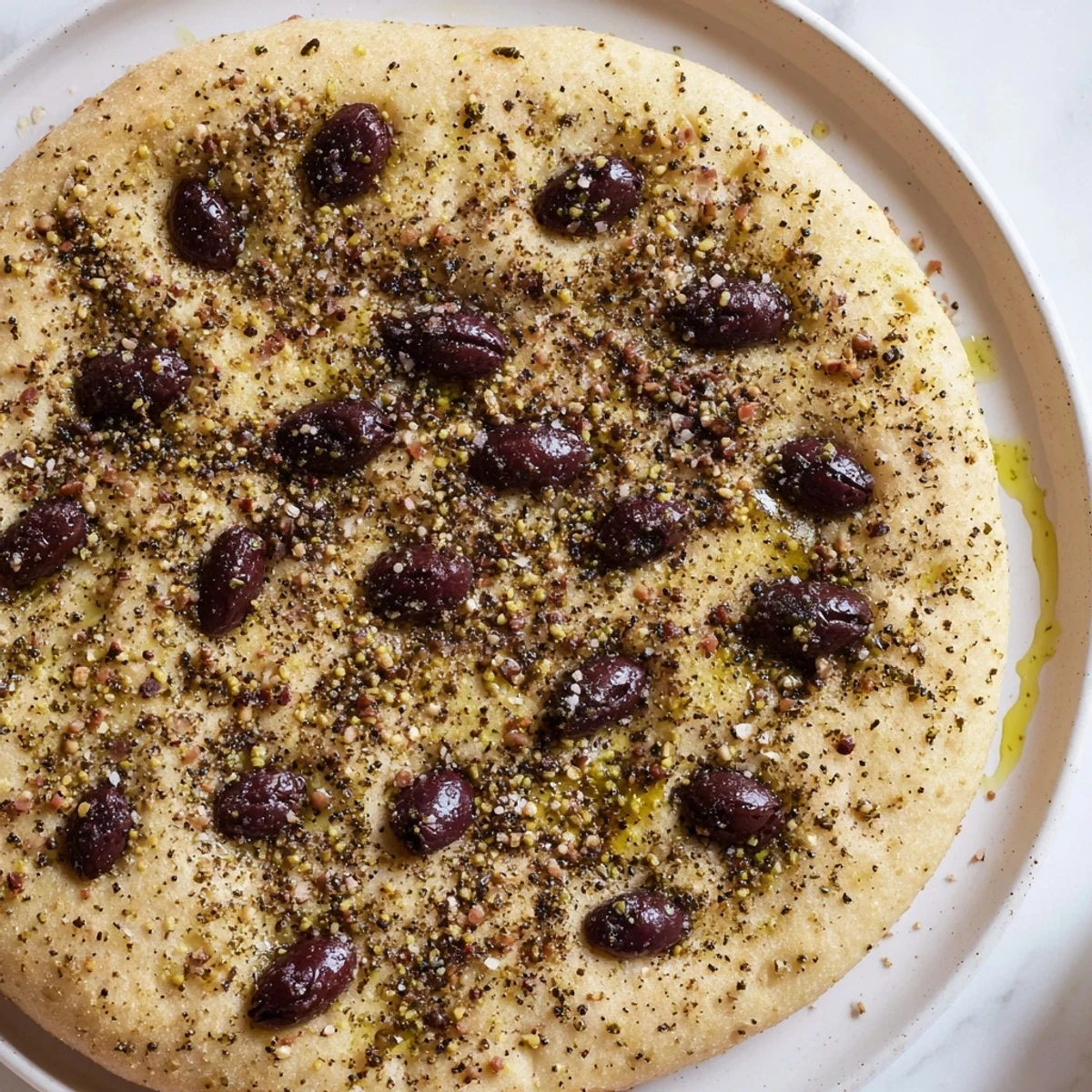 Freshly baked Zaatar Olive Focaccia, fragrant with zaatar and oil, studded with Kalamata olives.