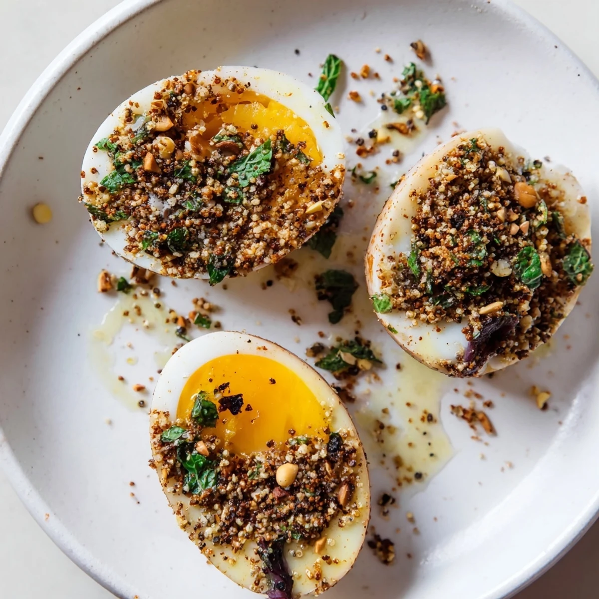 Beautiful platter of Dukkah-Spiced Eggs, drizzled with olive oil and fresh herbs; a flavorful breakfast.