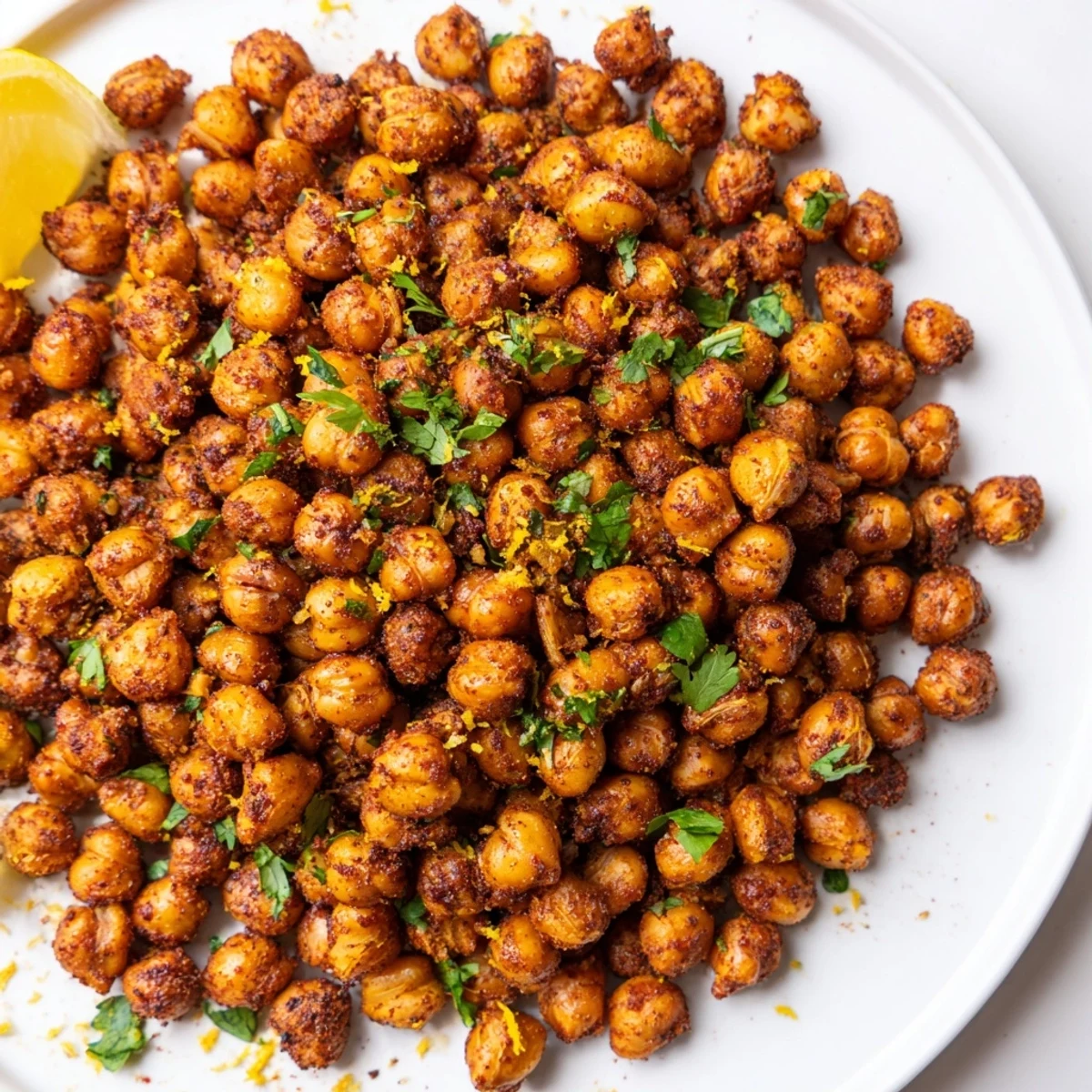Golden, crispy Harissa Chickpea Roast, fragrantly spiced and ready, served on a baking sheet.