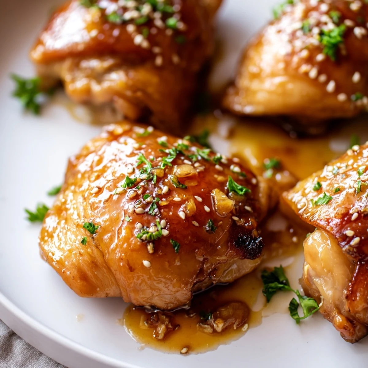 Glistening honey garlic glazed chicken thighs with caramelized skin, garnished with fresh parsley and sesame seeds for a savory main dish.