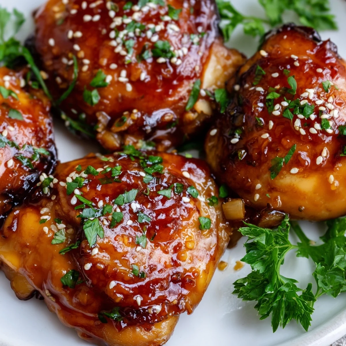 A close-up of sticky honey garlic glazed chicken in a skillet, paired with fluffy rice and stir-fried vegetables for a complete meal.