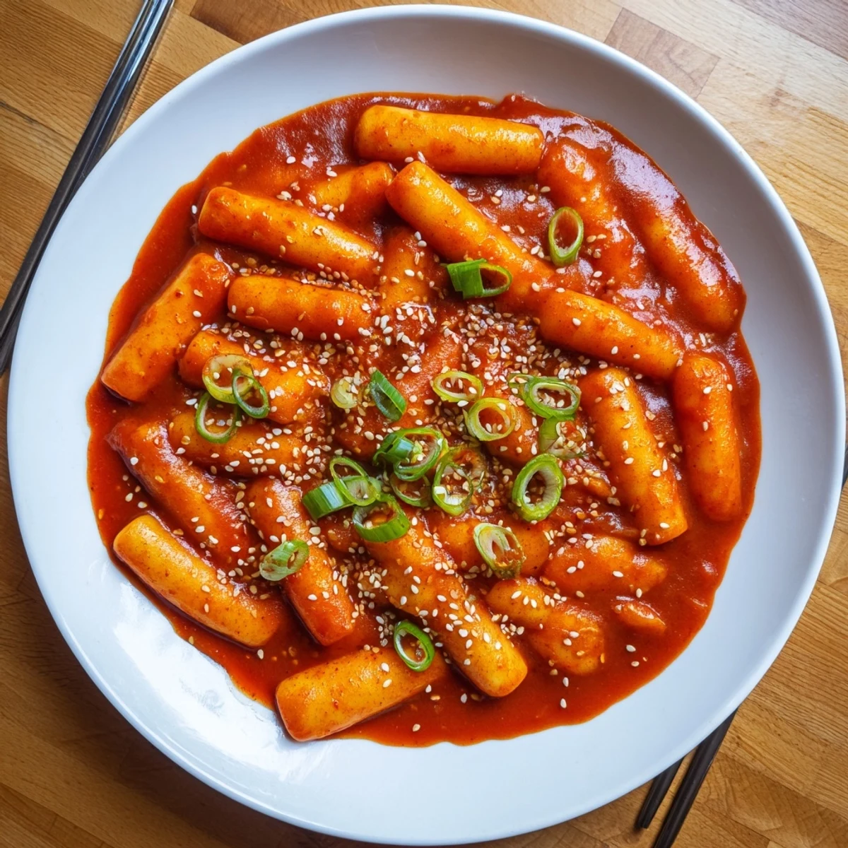 Steaming Korean tteokbokki in a rich gochujang sauce, garnished with fresh green onions and sesame seeds.