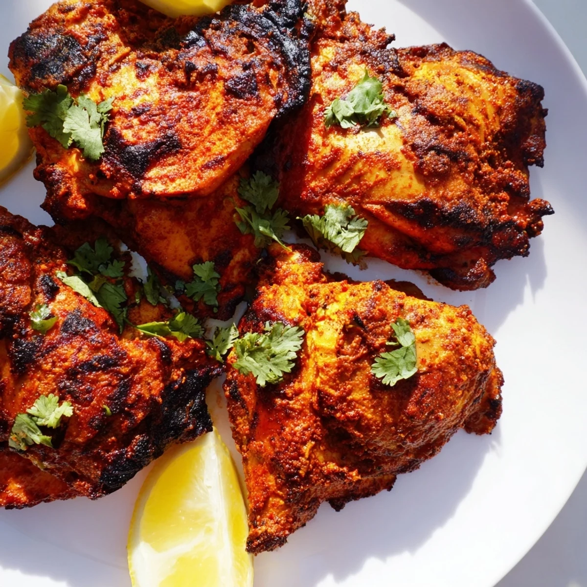 Golden-brown Indian Tikka Spiced Chicken pieces arranged on a serving platter, garnished with fresh cilantro and lemon wedges.  