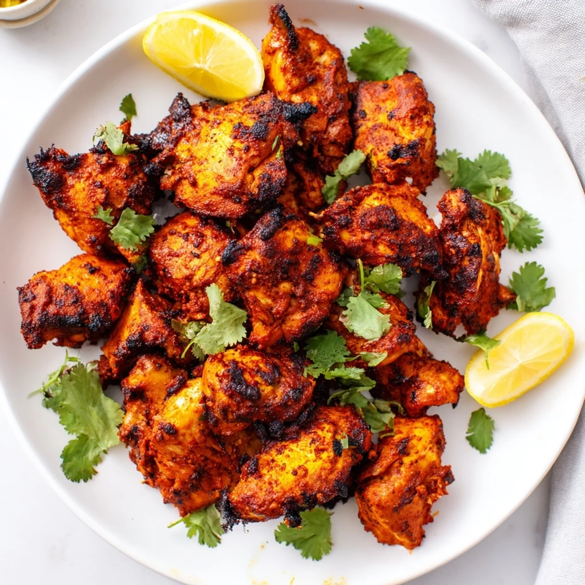 Vibrant roasted Indian Tikka Spiced Chicken thighs with a smoky char, ready to serve with naan and sliced red onions.  