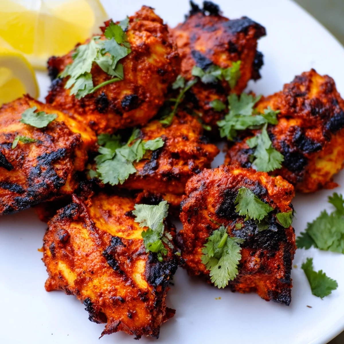 Close-up of juicy Indian Tikka Spiced Chicken chunks with a crisp, golden edge, highlighting the aromatic tandoori marinade.