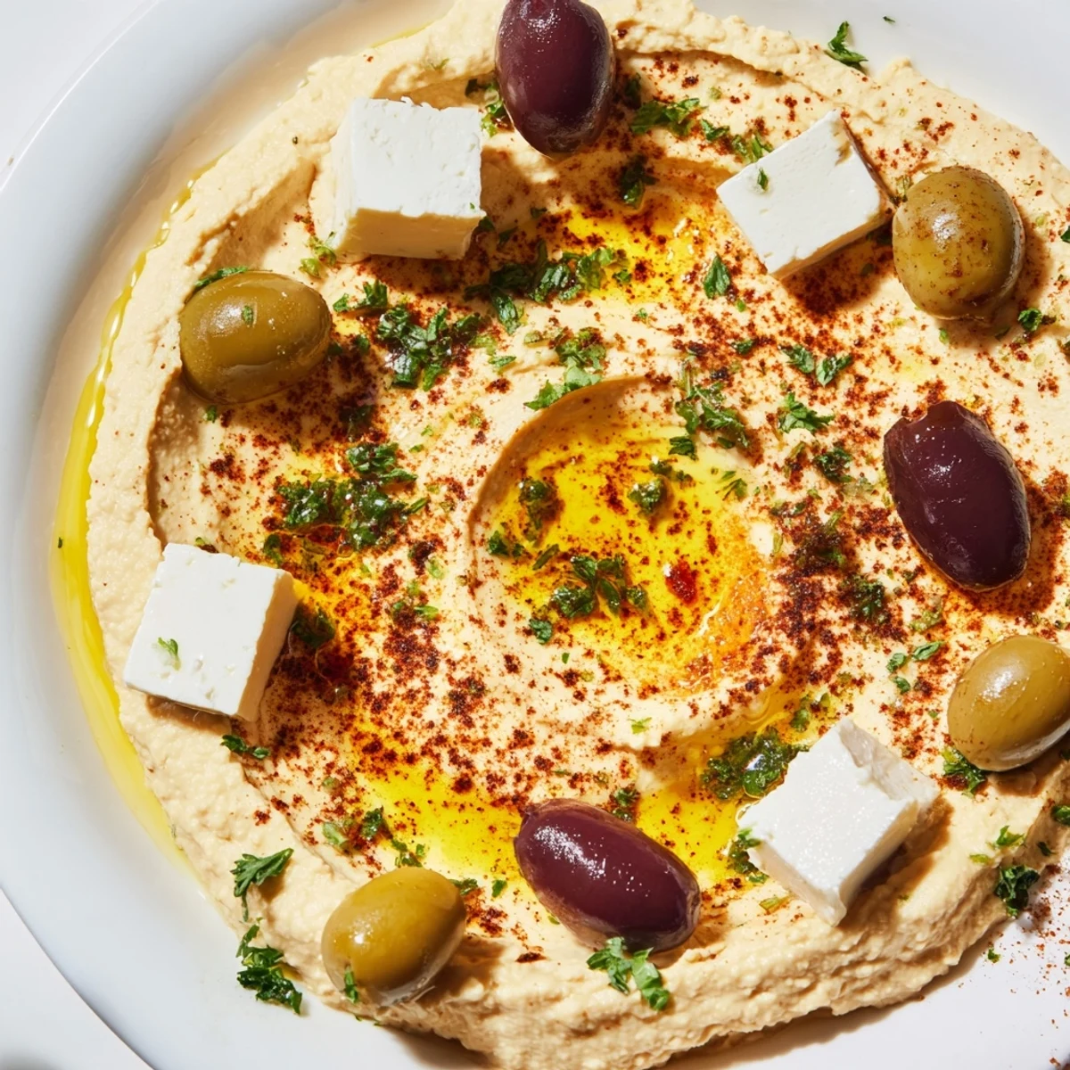 A colorful Middle Eastern Mezze Platter is arranged on a board with cherry tomatoes, cucumber, and fresh parsley.