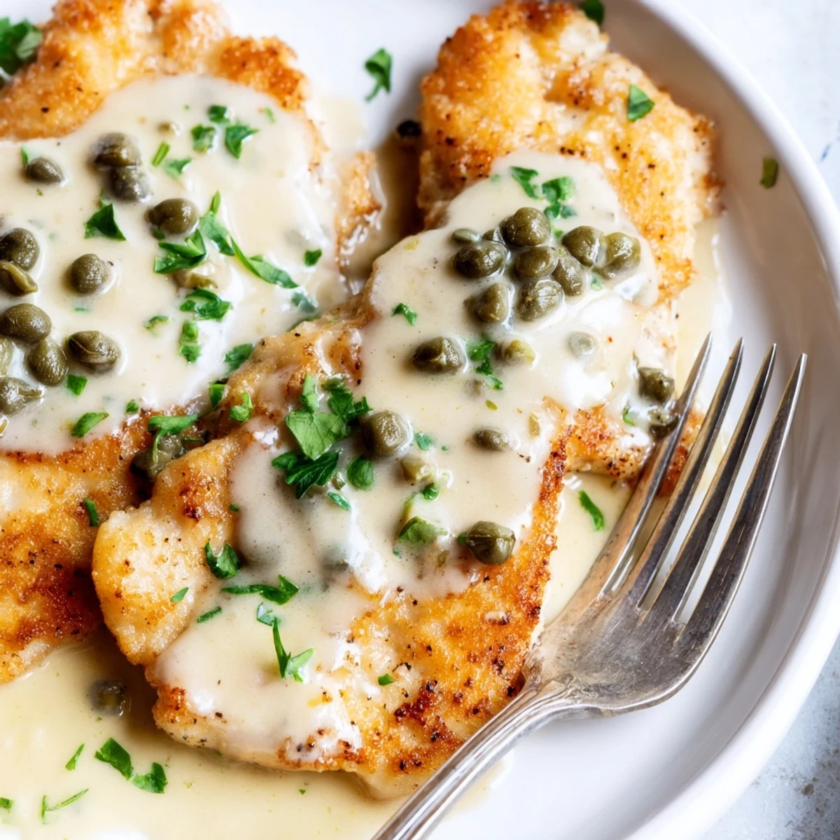 Tender breaded chicken piccata drizzled with bright lemon cream and capers, plated with fresh parsley.