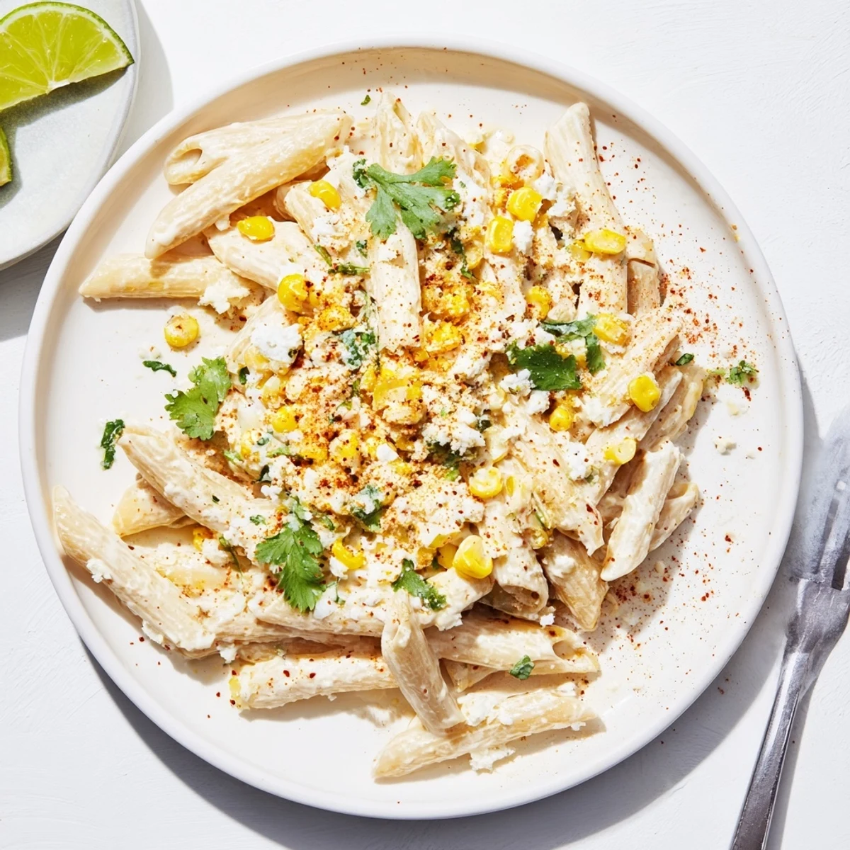 Creamy Mexican Street Corn Pasta with charred corn, cotija cheese, lime, and fresh cilantro.