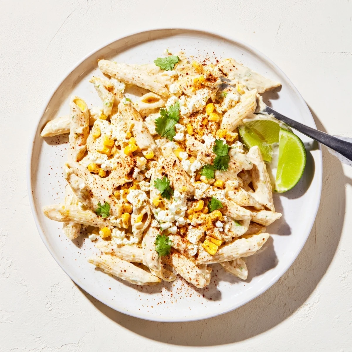 Serving Mexican Street Corn Pasta with golden pasta, sweet corn, and tangy cotija cheese.