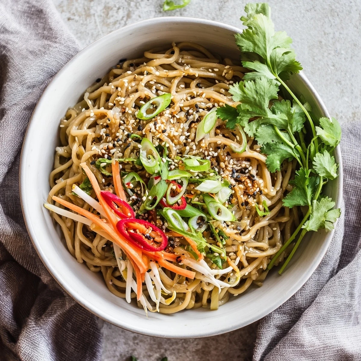 Steaming Asian Garlic Noodle Bowl with glossy noodles tossed in a savory garlic-butter sauce and topped with fresh green onions.  