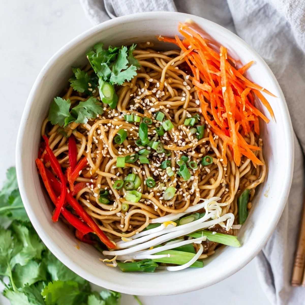 Hearty Asian Garlic Noodle Bowl served in a bowl with julienned carrots and crisp bean sprouts for added texture.