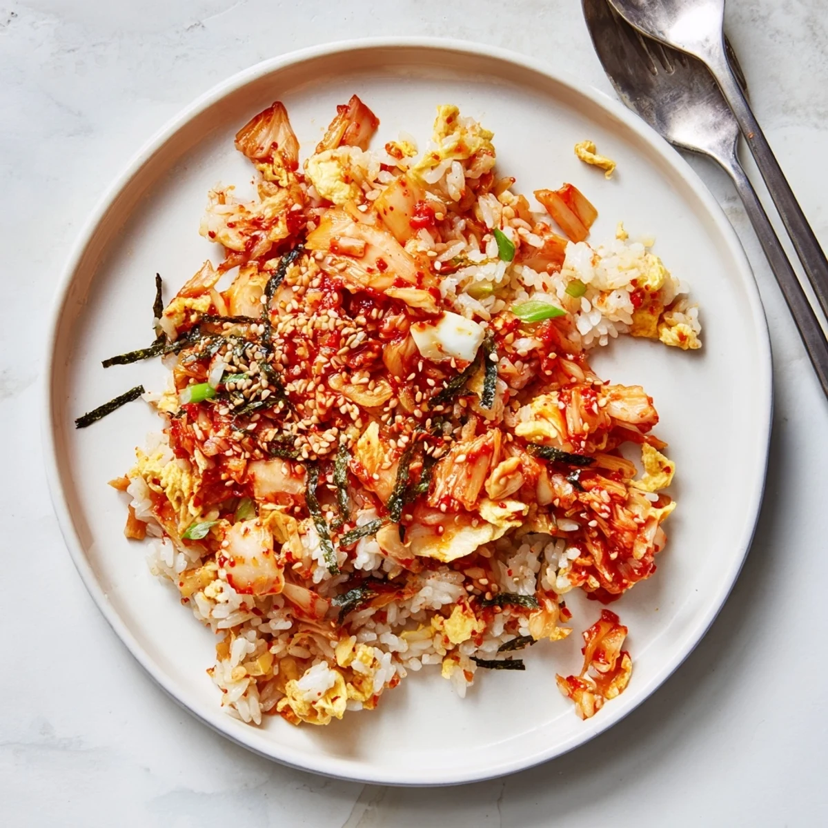 Steaming Spicy Kimchi Fried Rice studded with bright red kimchi, sautéed onions, and a sunny-side-up egg.  