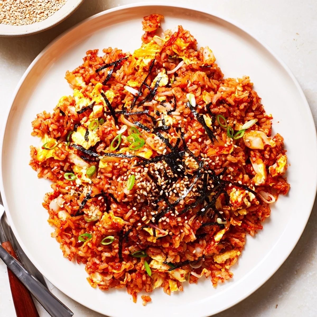Colorful bowl of Spicy Kimchi Fried Rice topped with sesame seeds, roasted seaweed, and a drizzle of sesame oil.