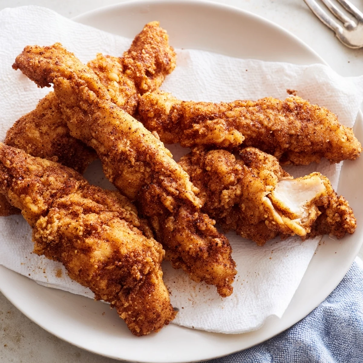 Juicy crispy fried chicken tenders served with fries and a wedge of lemon on a rustic table.