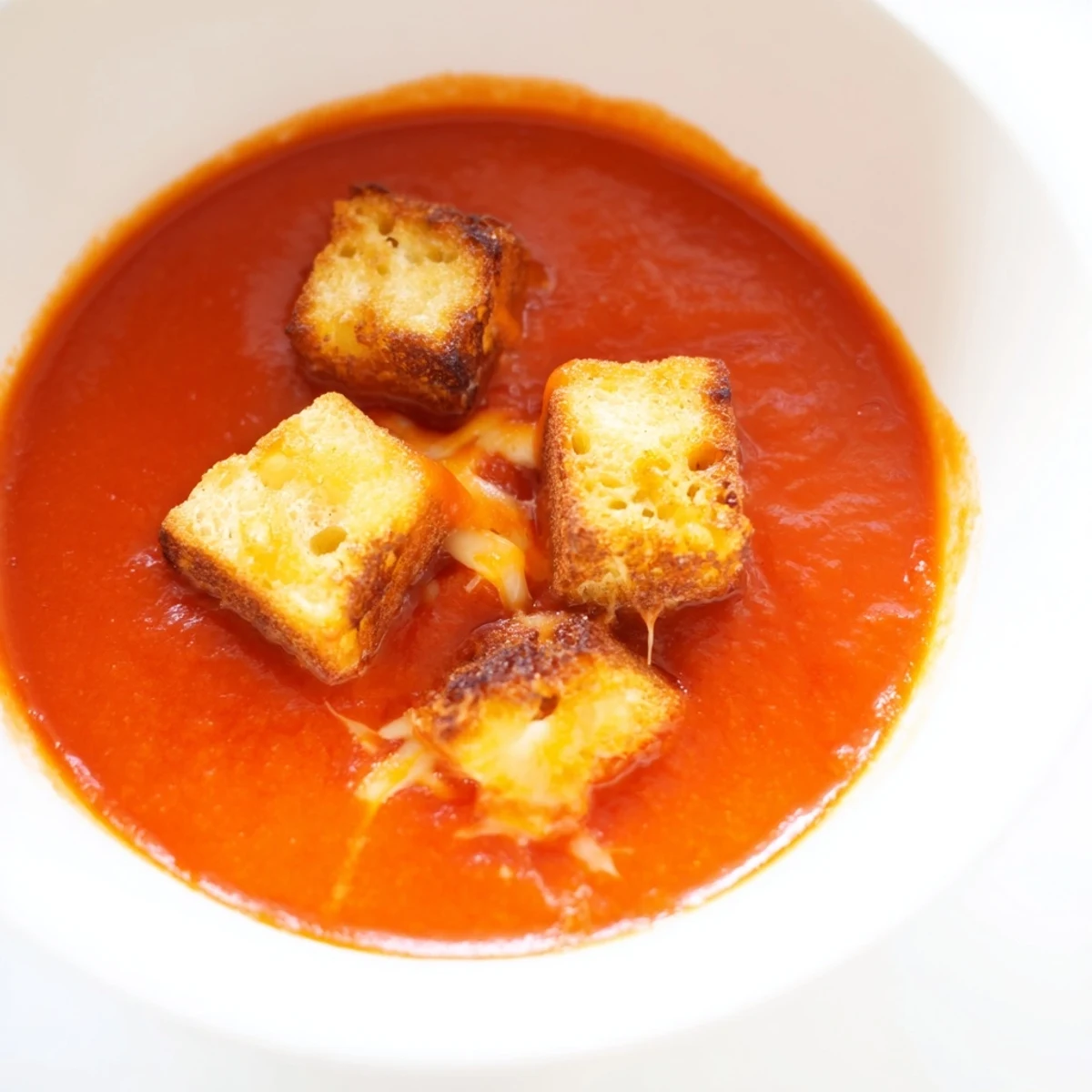The roasted tomato soup with grilled cheese croutons steams beside a fresh salad, perfect for a weeknight dinner.