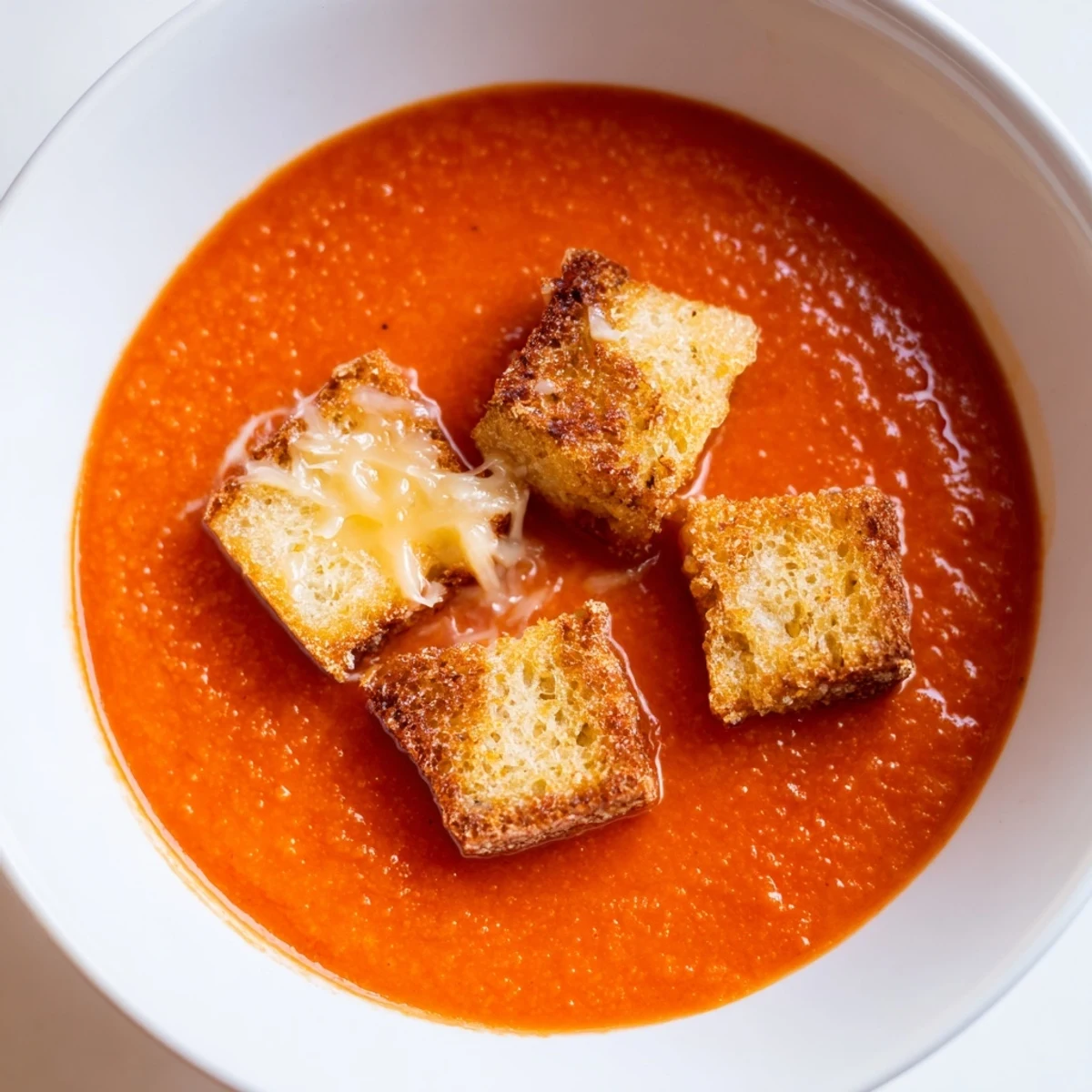 A bowl of velvety roasted tomato soup topped with golden grilled cheese croutons and fresh basil.