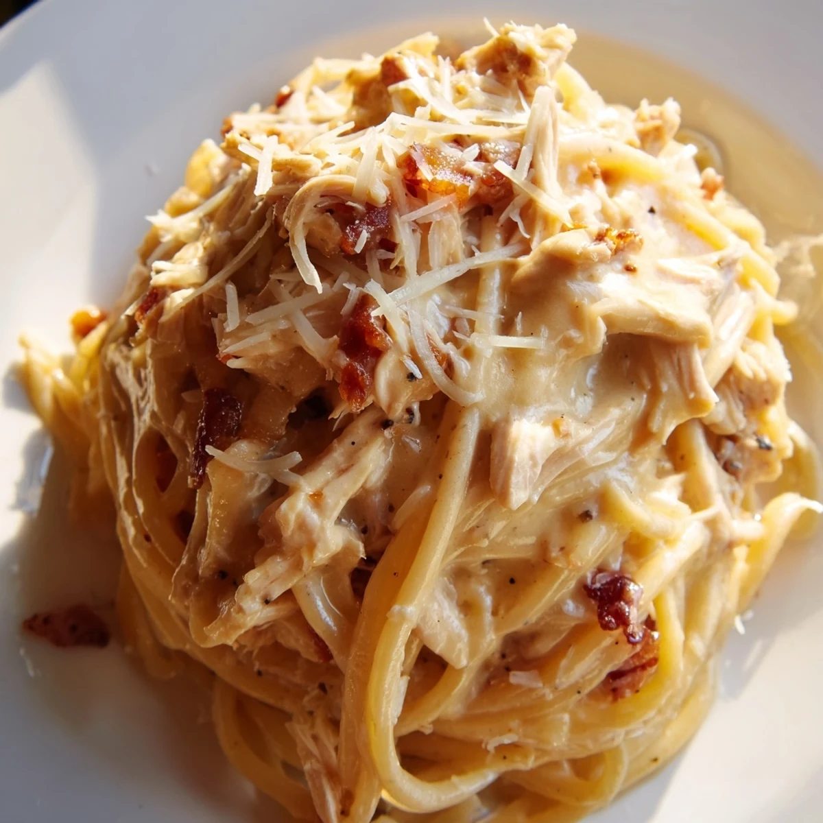 A close-up of creamy Chicken Carbonara, with shiny pasta coated in a rich egg-Parmesan sauce, crispy bacon bits, and tender shredded chicken on a white plate.  