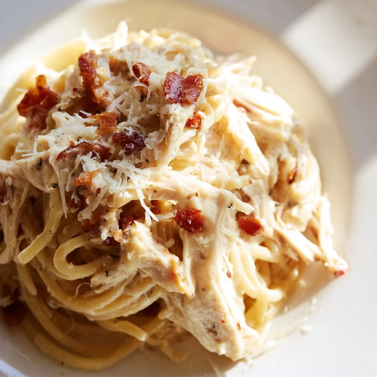 The classic Italian-inspired Chicken Carbonara pasta dish, featuring a heap of spaghetti topped with savory shredded chicken and crispy bacon, ready to serve.  