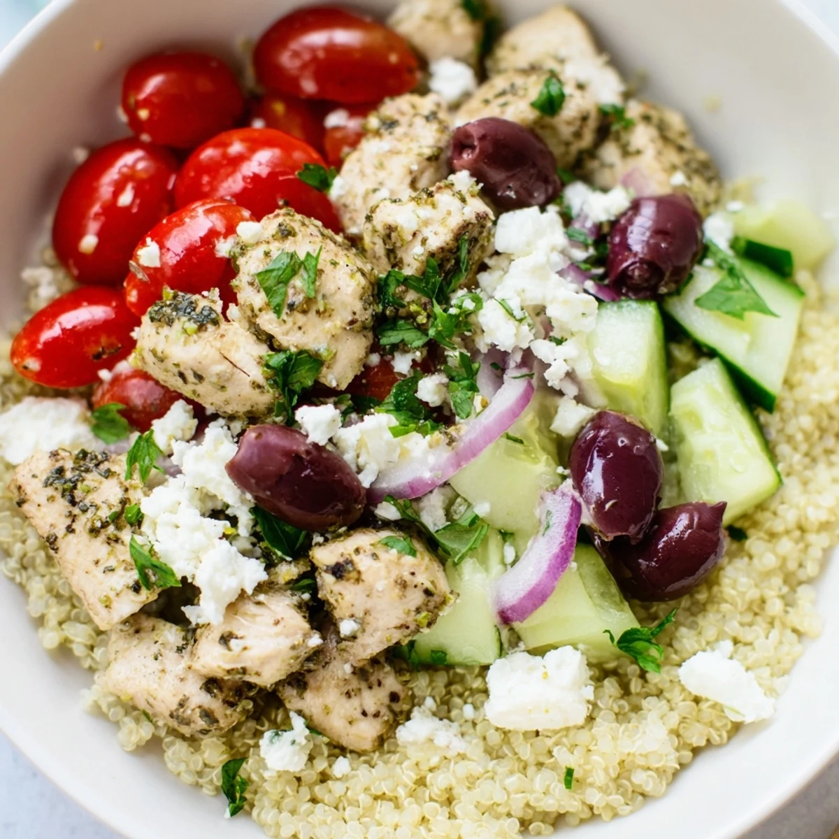 A close-up of Mediterranean Chicken Bowl with grilled chicken, feta, olives, and quinoa, drizzled with lemon-oregano dressing.
