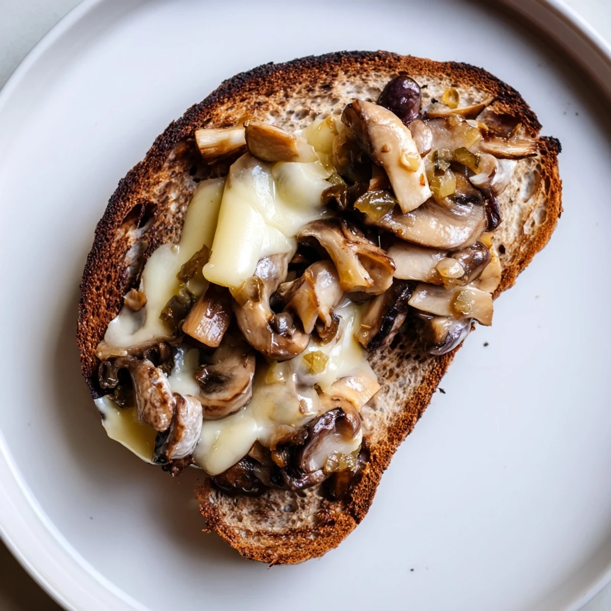 Golden melted Swiss cheese and earthy sautéed mushrooms ooze from crispy buttered rye bread slices in this Mushroom Swiss Grilled Cheese.  