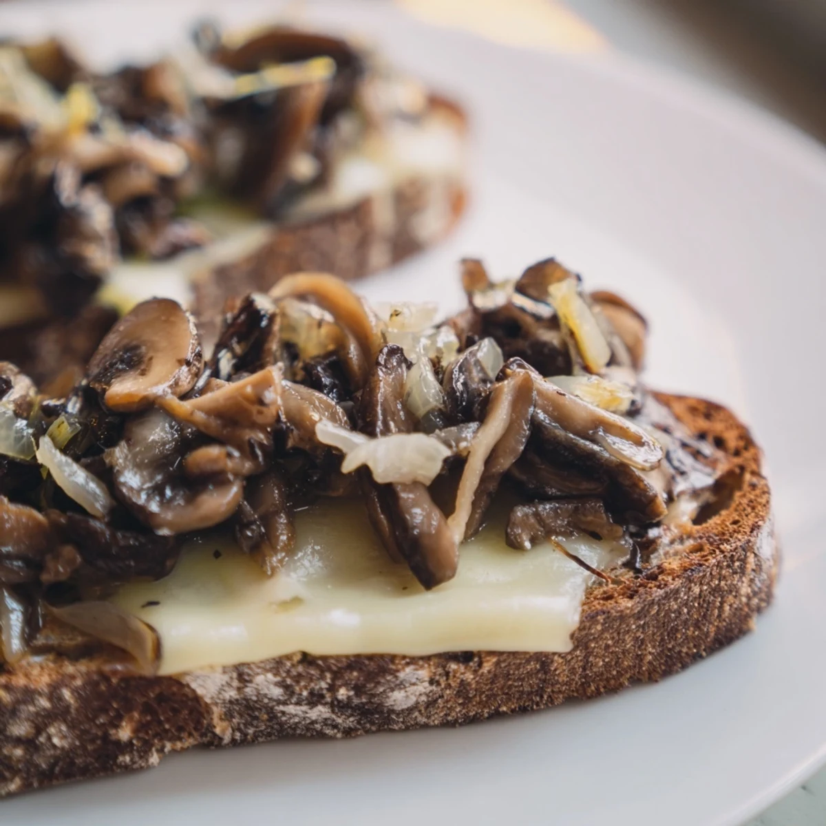 A close-up of a toasted Mushroom Swiss Grilled Cheese sandwich cut diagonally, revealing layers of creamy cheese and savory mushroom filling.  