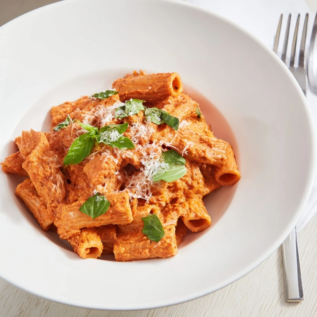 Serving suggestion for Spicy Rigatoni Pasta alongside a crisp green salad and garlic bread for an Italian-American dinner.