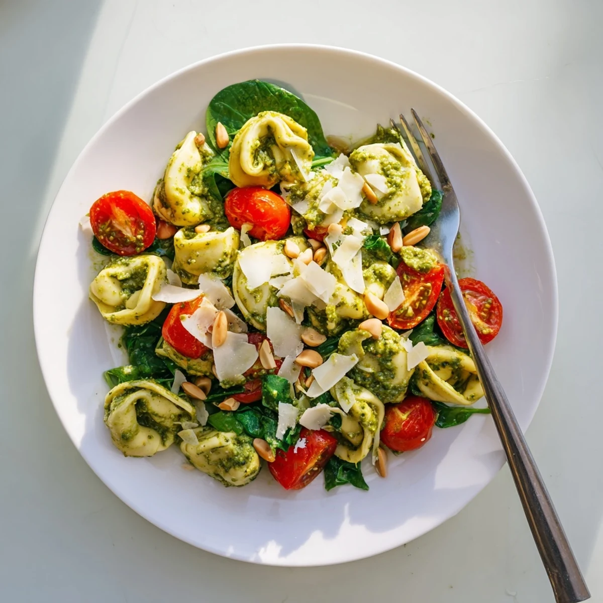 Bright cherry tomatoes and fresh spinach are tossed with tender cheese tortellini in vibrant pesto for a refreshing summer pasta salad.