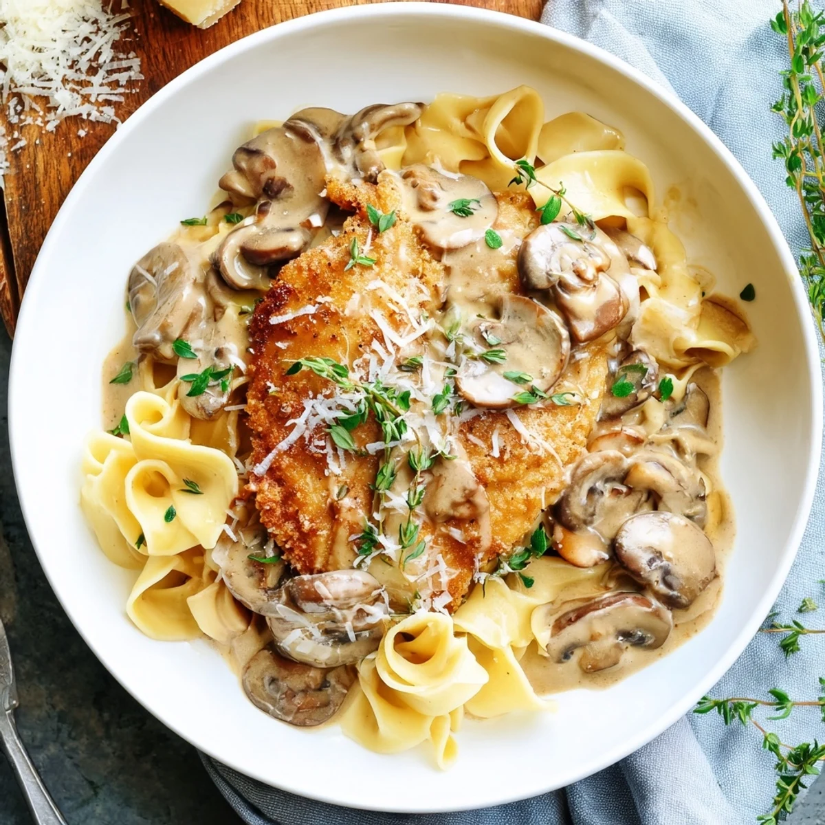 Juicy, thinly pounded chicken in a velvety mushroom Marsala cream sauce sits atop al dente pasta, ready for a comforting dinner.
