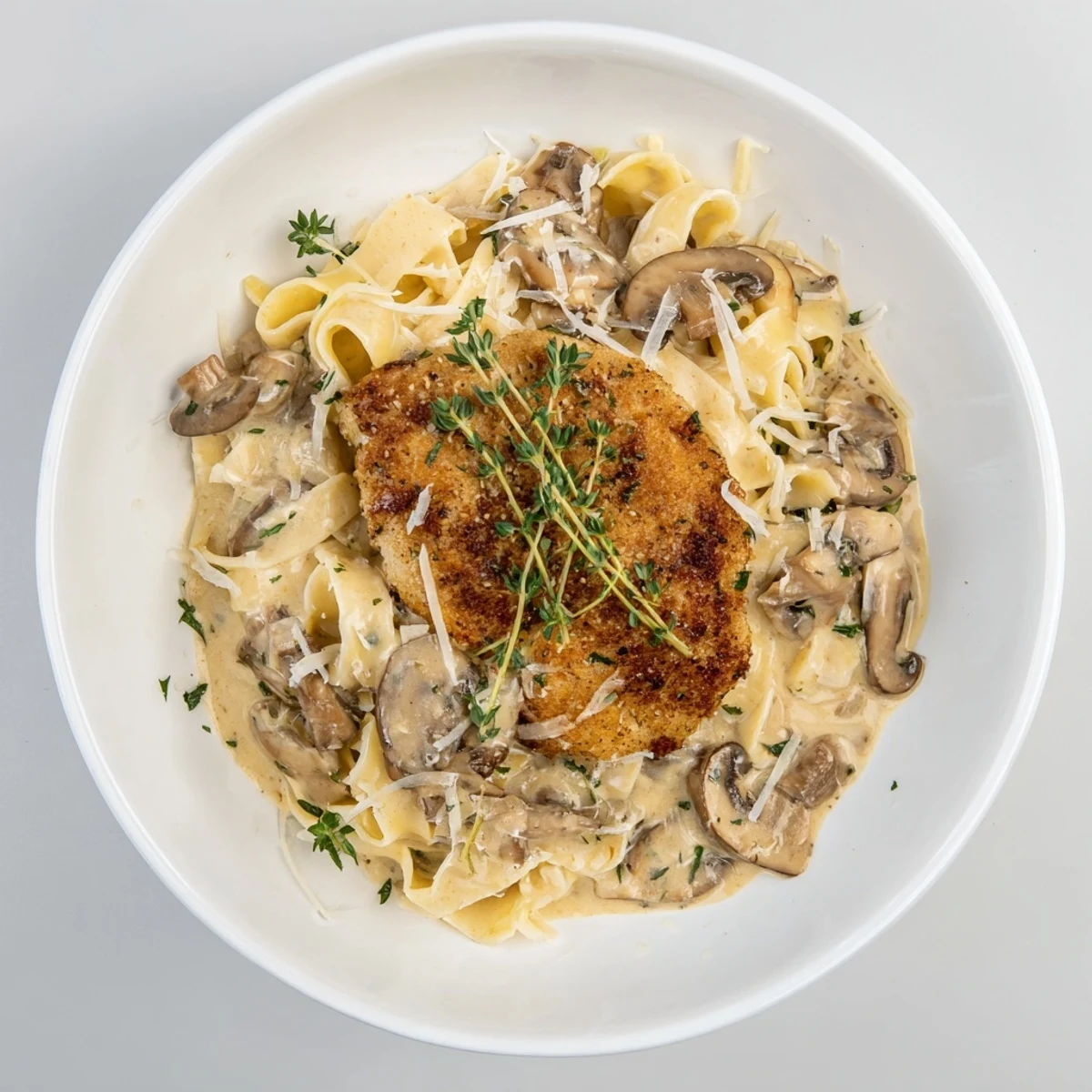 Golden-brown pan-seared chicken breasts simmer in a rich, creamy Marsala mushroom sauce over fettuccine, garnished with fresh parsley and grated Parmesan.