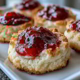 Delicious clotted cream and strawberry jam thumbprint cookies with golden edges and sweet, creamy filling.