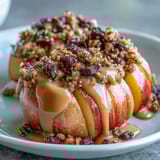 Wholesome apple slices layered with a smooth peanut butter drizzle and sprinkled with crispy granola.