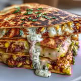 Golden quesadilla wedges bursting with Mexican street corn flavors, served with zesty lime wedges and fresh cilantro.