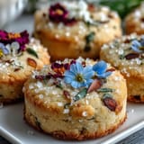 Buttery shortbread cookies decorated with delicate edible flowers and a sprinkle of sugar, ideal for a festive dessert.