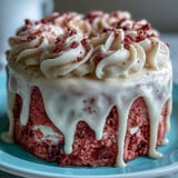 Decadent pink velvet cake, infused rosé, topped with cream cheese frosting and gold.