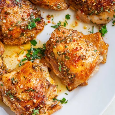Juicy garlic butter baked chicken thighs topped with fresh parsley and lemon wedges.  