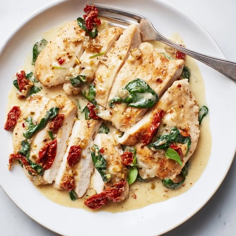 Succulent One-Pan Creamy Tuscan Chicken garnished with fresh basil and melted parmesan.  