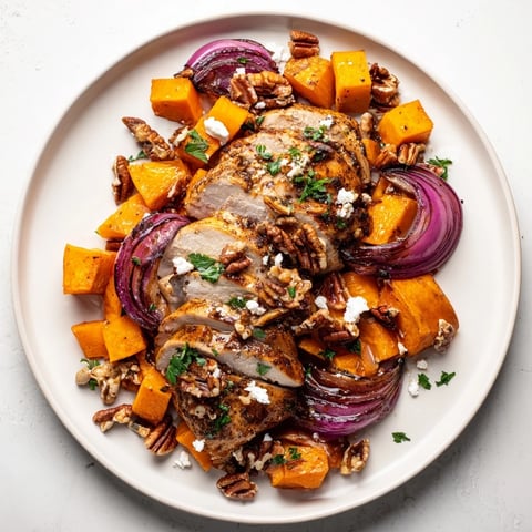 Roasted Chicken & Winter Squash Sheet-Pan Salad with tender chicken and roasted vegetables served in a vibrant, flavorful bowl.