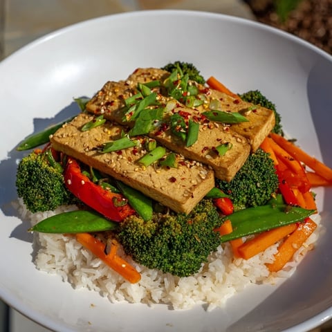 Golden-brown Pressed Tofu Steaks, glistening with savory glaze, alongside colorful stir-fried vegetables and rice.