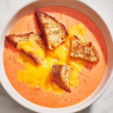 A warm bowl of 5-Ingredient Tomato Soup beside perfect golden grilled cheese for dipping.