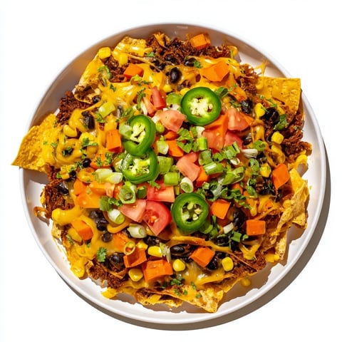 Sheet-Pan Nachos with melted cheddar, colorful veggies, and spicy beans.