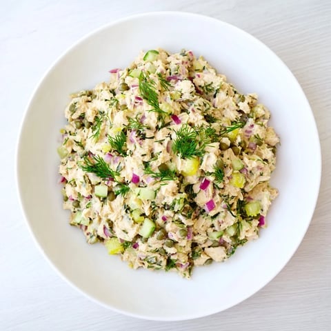 Creamy chickpea tuna salad, a vegan delight, ready for a sandwich filling or salad topping.