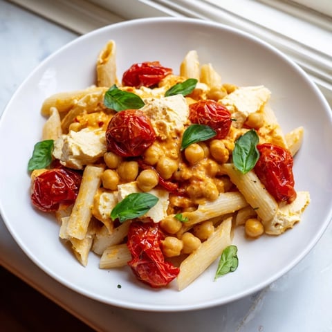 Baked Feta Chickpeas & Tomatoes: A close-up of the flavorful, bubbling feta cheese and roasted tomatoes.