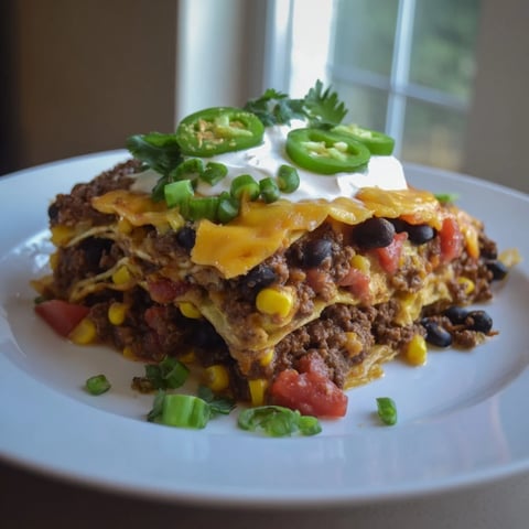 A cheesy, layered Taco Lasagna featuring bubbling cheese and savory ground beef, ready to eat.