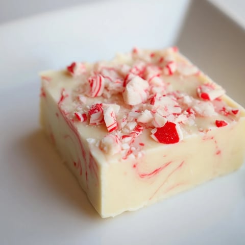 Festive White Chocolate Peppermint Bark Fudge swirled with crushed candy canes, ready to enjoy this winter!