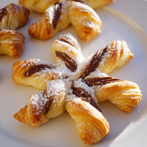 Golden, flaky Express Nutella Puff Pastry Snowflakes dusted with powdered sugar, perfect for a cozy dessert.