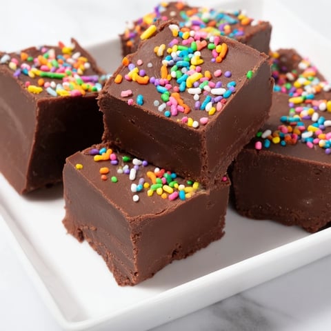 Warm, glossy 3-Ingredient Christmas Fudge Squares, sprinkled with festive red and green candies, ready to eat.