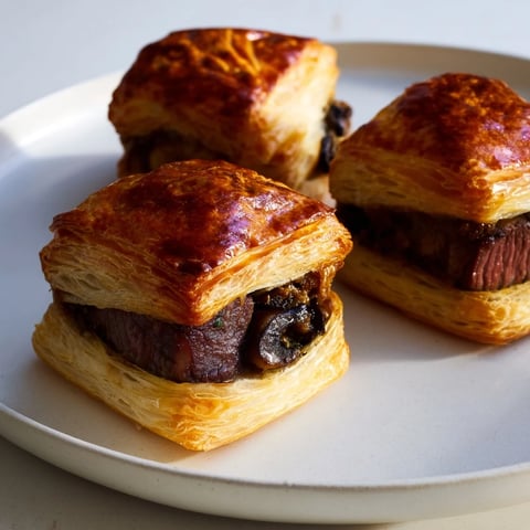 Golden, flaky Simplified Christmas Beef Wellington Bites, showcasing tender beef and savory mushroom filling.
